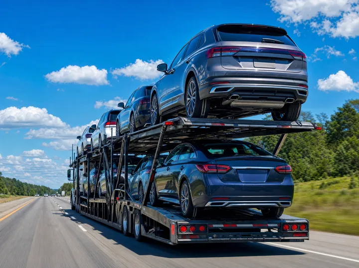 An open multi-car carrier loaded with vehicles on the interstate